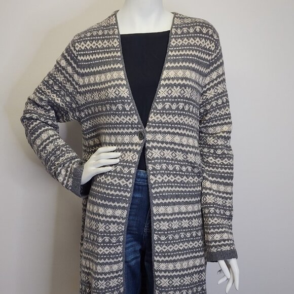 J Jill Womens M Fair Isle Boucle Duster Cardigan Sweater Gray Ivory Cotton Blnd - Picture 3 of 10